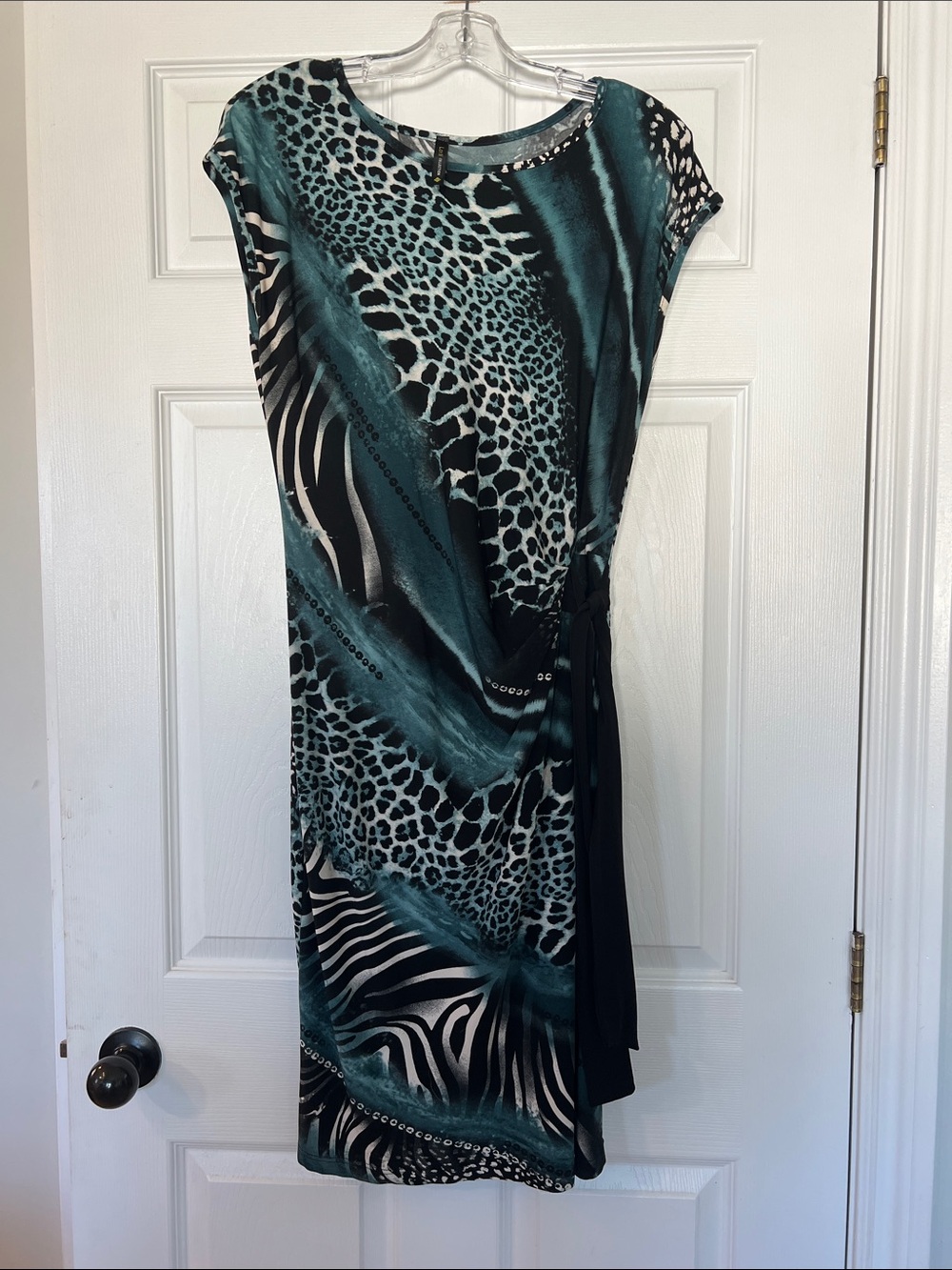 Lori m Teal and Black Animal Print Midi Dress